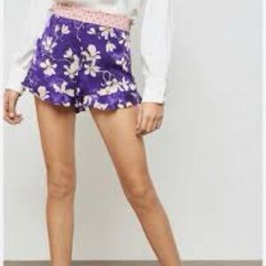 Mango Purple Botanical Shorts w/ Pink Polka Dot Waist & Ruffle Hem-38